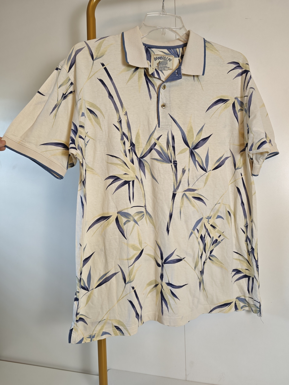 Miami Resortwear Cotton BAMBOO Men's Cream Polo Shirt with Blue Leaf Print Large